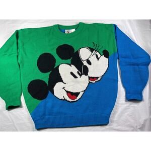 Vintage Mickey & Co Disney Knit Sweater Mens Large Blue Green Graphic Crewneck
